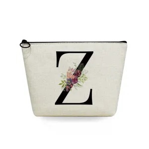 Canvas cosmetic bag with floral letter Z print, portable makeup pouch for women and girls daily use.