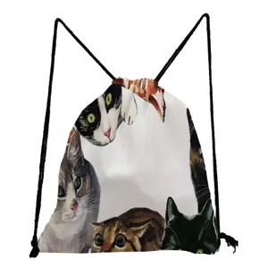 Sac à dos cordon avec impression de chat mignon pour étudiants, sac de rangement léger.