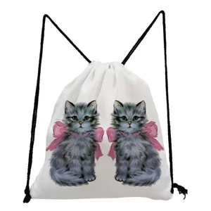 Mignon sac à dos à cordon imprimé chat pour étudiants, sac de rangement quotidien d'école en toile