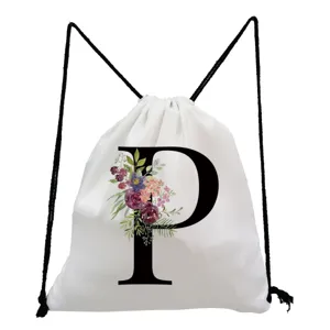 Floral letter P drawstring backpack detail, white fabric material, black rope straps.