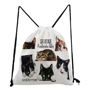 Sac à dos cordon avec imprimé chat aquarelle mignon, sac fourre-tout décontracté pour tous les jours.