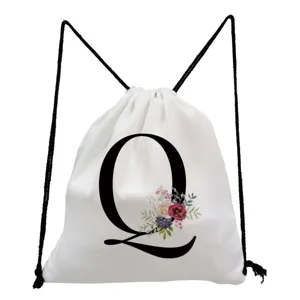 Minimalist white drawstring backpack with stylish letter Q and floral print design.