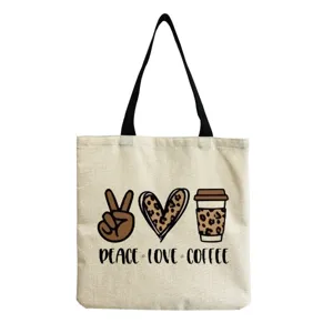 Reusable canvas tote bag with stylish peace love coffee leopard print casual beach shoulder bag
