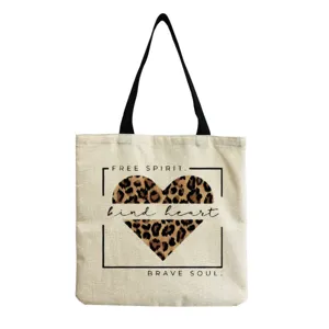 Leopard heart print canvas tote bag with inspirational quotes for daily beach shopping.