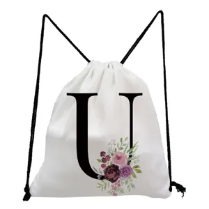 Minimalist white drawstring backpack featuring a chic letter U and floral print design.