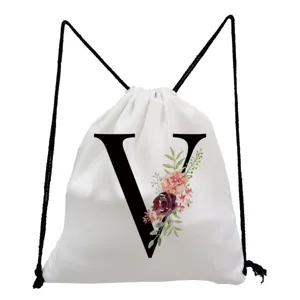 White drawstring backpack featuring a black letter V print and floral design for daily use.
