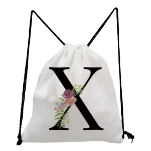 White canvas drawstring backpack with floral letter X print, simple casual sports gym bag.
