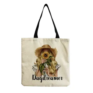 Canvas tote bag with sunflower illustration and daydreamer text, reusable beach shoulder bag.