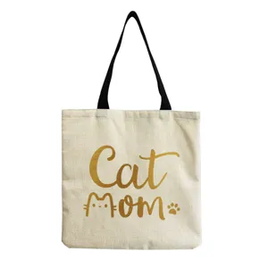 Cute Cat Mom print canvas tote bag, reusable casual shoulder bag for daily use now.