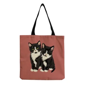 Cute cat print canvas tote bag, stylish shoulder bag for women, casual daily shopping handbag.