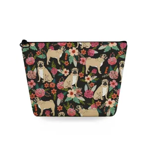 Close-up detail of the cute pug dog and vibrant floral print pattern on the fabric cosmetic pouch.