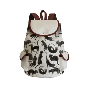 Damen Mode Schwarz Katze Druck Leinwand Rucksack Lässige Reise Schultasche Mit Großer Kapazität Und Klappdeckel