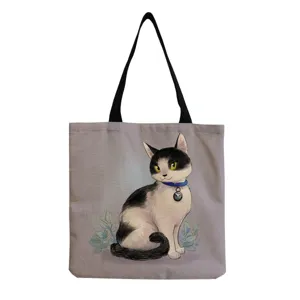 Cartoon Cat Printed Linen Tote Bag For Women Fashion Casual Large Capacity Reusable Shopping Bag Eco-Friendly Fabric Handbag