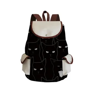 Schwarzer Rucksack mit Katzen Print, Canvas Klappe in Beige und braunen Trägern, Schultertasche.