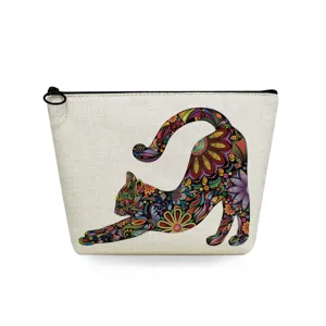 Linen Floral Cat Dog Printed Cosmetic Bag Portable Travel Toiletry Organizer Zippered Makeup Pouch Clutch Bag For Women Home Daily Use