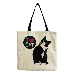 Canvas shoulder tote bag with cute black cat print and letter design for casual daily use.