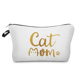 Tragbare Make-up-Tasche aus Leinen mit goldenem Cat Mom-Druck, stilvolle Kosmetiktasche für Alltag.