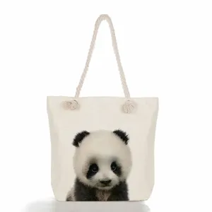 Γυναικεία τσάντα tote από καμβά με σχέδιο πάντα, casual τσάντα ώμου, πρακτική τσάντα παραλίας.