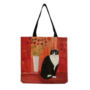 Canvas shoulder tote bag featuring a cute cat and red flower art print for daily use.