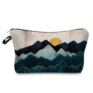 Trousse de maquillage de voyage avec imprimé de paysage de montagne abstrait et soleil.