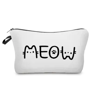 Ansicht einer weißen Kosmetiktasche mit kreativem MEOW Katzen Druck, praktische Make-up Tasche.