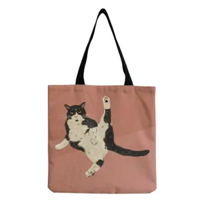 Detailed view of the cute cat print canvas tote bag, perfect for daily shopping and casual use.