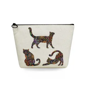 Canvas makeup bag featuring colorful floral cat prints, perfect for daily travel and storage.