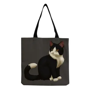 Canvas tote bag with cute black and white cat print, casual shoulder shopping bag for daily use.