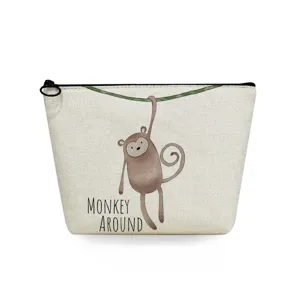 Niedlicher Cartoon-Affe Leinen Kosmetiktasche, tragbare Reißverschluss Make-up Tasche für Reisen.