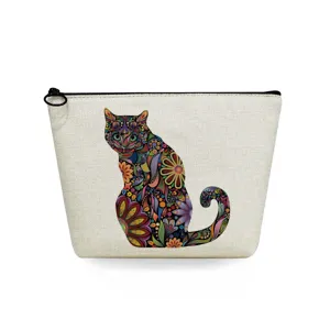 Detailed close-up view of the vibrant floral cat print canvas makeup pouch zipper.