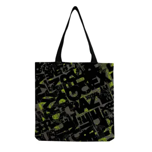 Canvas tote bag with neon green graffiti letter print, reusable casual shoulder handbag.