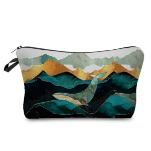 Detail de la trousse de maquillage imprimee baleine montagne fermeture eclair portable