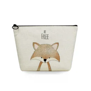 Detailansicht der niedlichen Cartoon Fuchs Leinen Make-up Tasche mit schwarzem Reißverschluss.