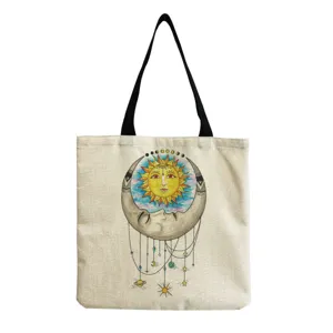 Artistic celestial sun moon print canvas tote bag detail, retro style shoulder bag.