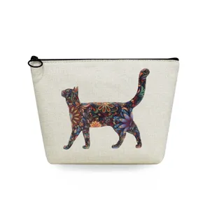 Floral cat print cosmetic bag portable makeup pouch travel toiletry storage organizer