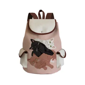 Canvas Rucksack mit süßem Katzen Stickerei Design, rosa und weiß, ideal für Schule und Alltag