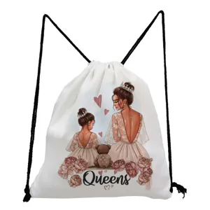 Detailed showcase of white canvas drawstring backpack featuring a charming mother-daughter print.