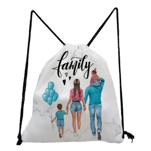 Detail view of the family print drawstring backpack, casual storage bag for daily use.