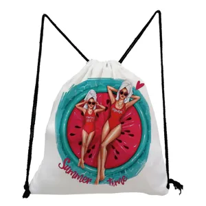 Watermelon print detail on white drawstring bag, cute mother daughter summer graphic design.