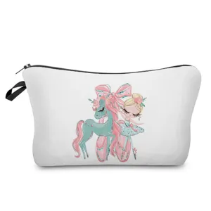 Neceser de maquillaje con bailarina y unicornio, bolsa de viaje portátil con cremallera.