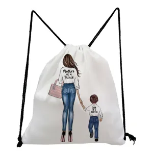 White canvas drawstring backpack with cute mother and son illustration for casual travel use.