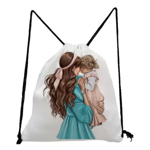 Multifunctional portable drawstring bag mother daughter print casual storage pouch