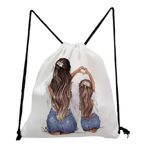 Detail view of white drawstring backpack featuring a cute mother and daughter print design.