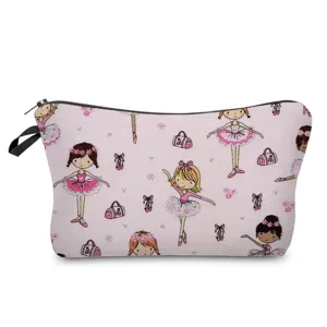Vista detallada del neceser de maquillaje con bailarinas, bolsa cosmetica rosa con cremallera.