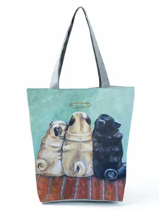 Detailed view of the cute pug print canvas tote bag, featuring artistic back design.