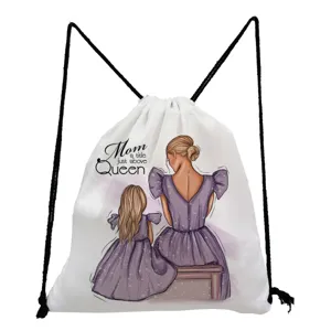 Mom and daughter theme printed drawstring backpack, casual travel storage bag for daily use.