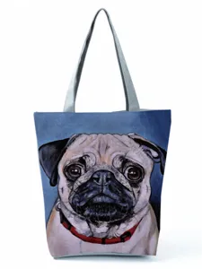 Detailed view of the cute pug print canvas tote bag, featuring a charming artistic dog face.