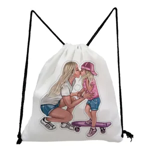 White canvas drawstring backpack featuring a cute mother and daughter print for casual daily use.