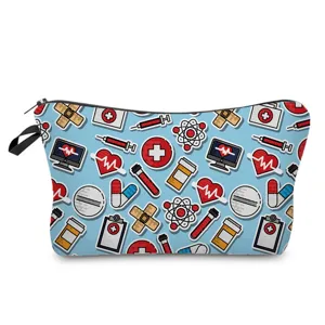 Borsa per trucco con motivo medico blu, graziosa pochette da toilette tema dottore, astuccio viaggio.