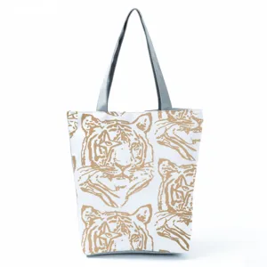 Women Large Capacity Polyester Tote Bag Casual Printed Shoulder Bag Retro Tiger Zebra Pattern Beach Handbag With Zipper